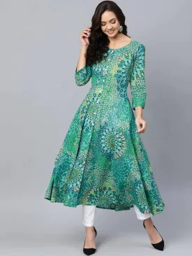 Women Green & White Printed Flared Kurta