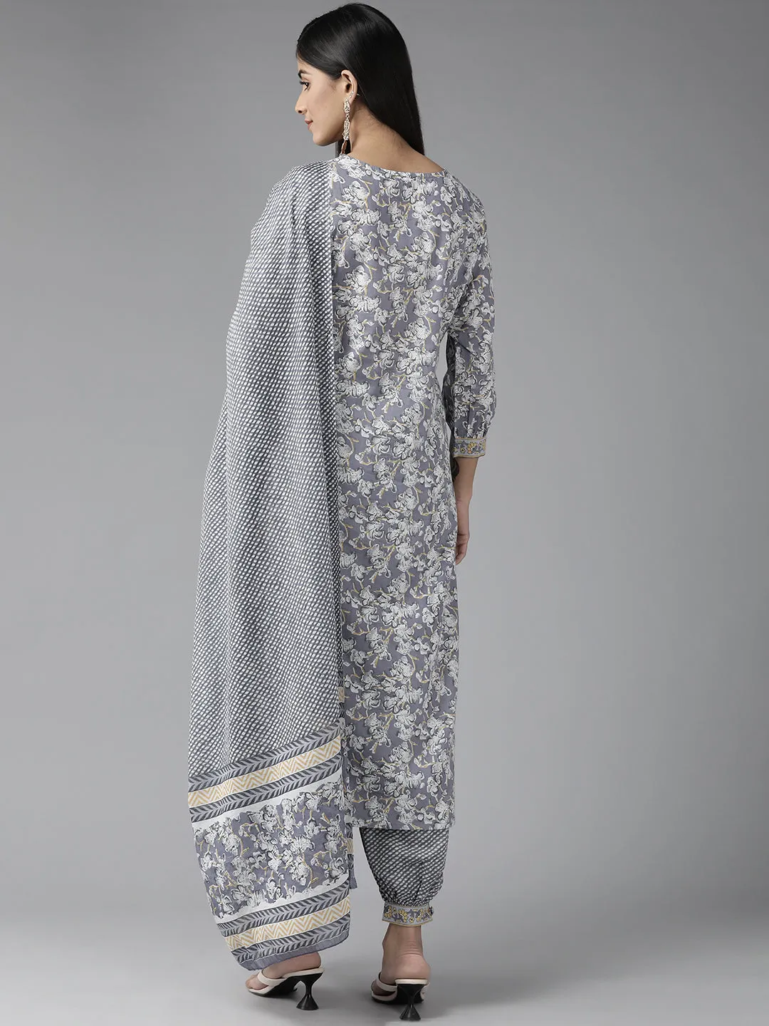 Women Grey Pure Cotton Kurta Set With Dupatta