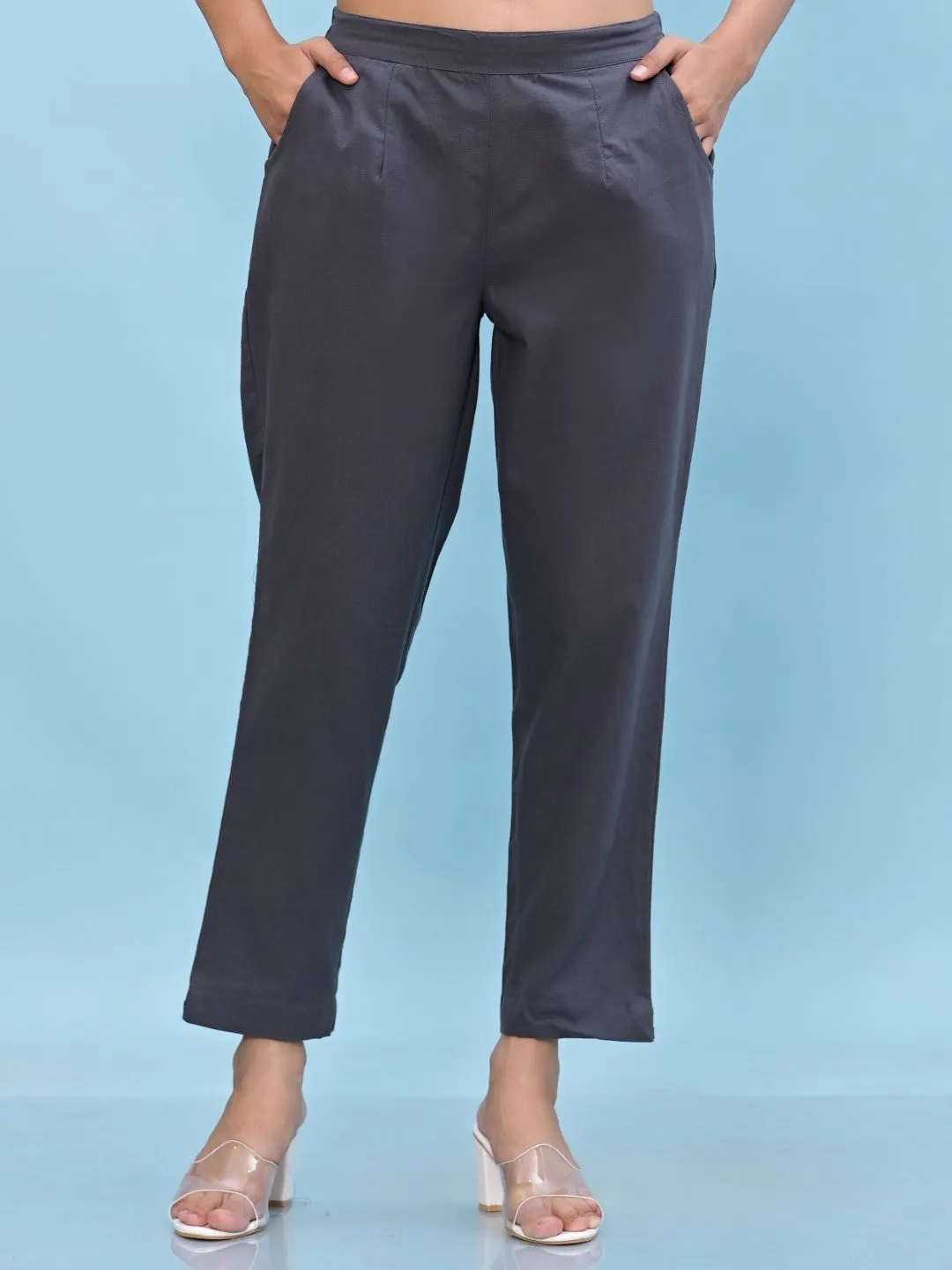 Women Grey Solid Cotton Pants With Partially Elasticated Waistband And Two Side Pockets