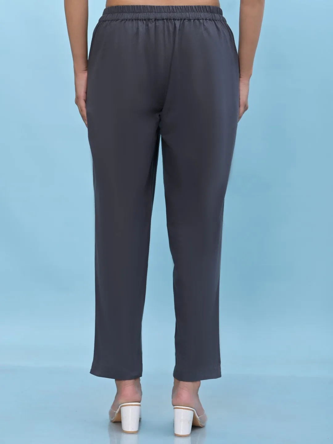 Women Grey Solid Cotton Pants With Partially Elasticated Waistband And Two Side Pockets