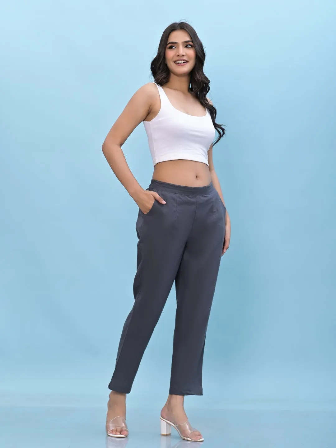 Women Grey Solid Cotton Pants With Partially Elasticated Waistband And Two Side Pockets