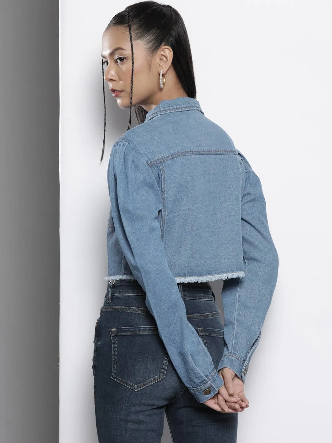 Women Ice Blue Raw Hem Denim Crop Jacket