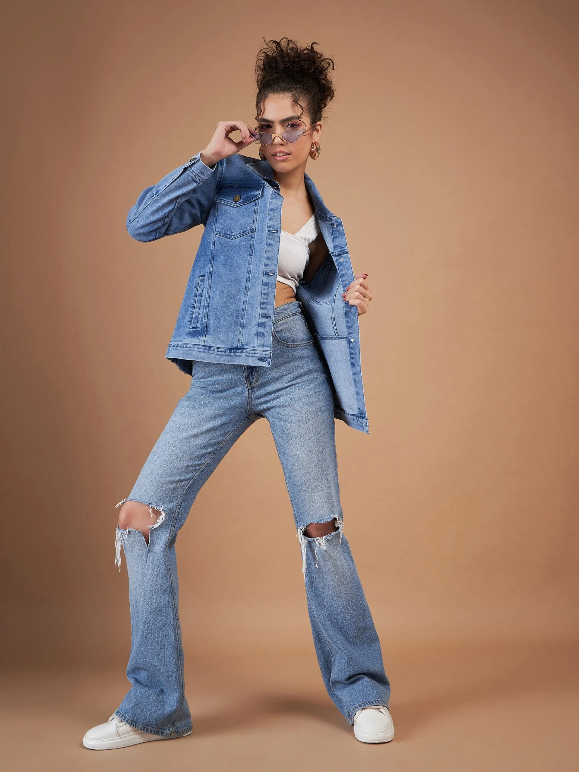 Women Ice Blue Washed Denim Oversized Jacket