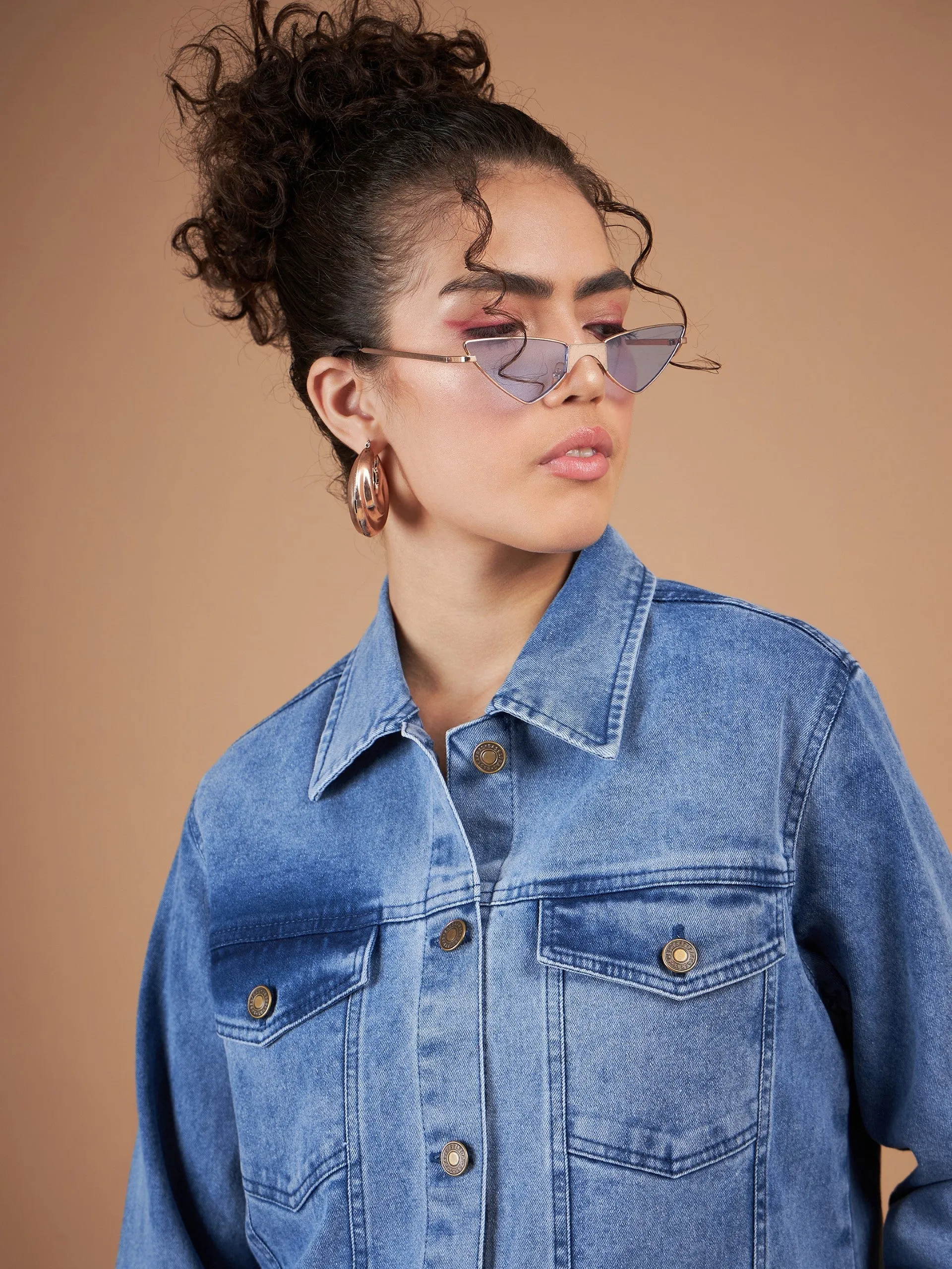 Women Ice Blue Washed Denim Oversized Jacket