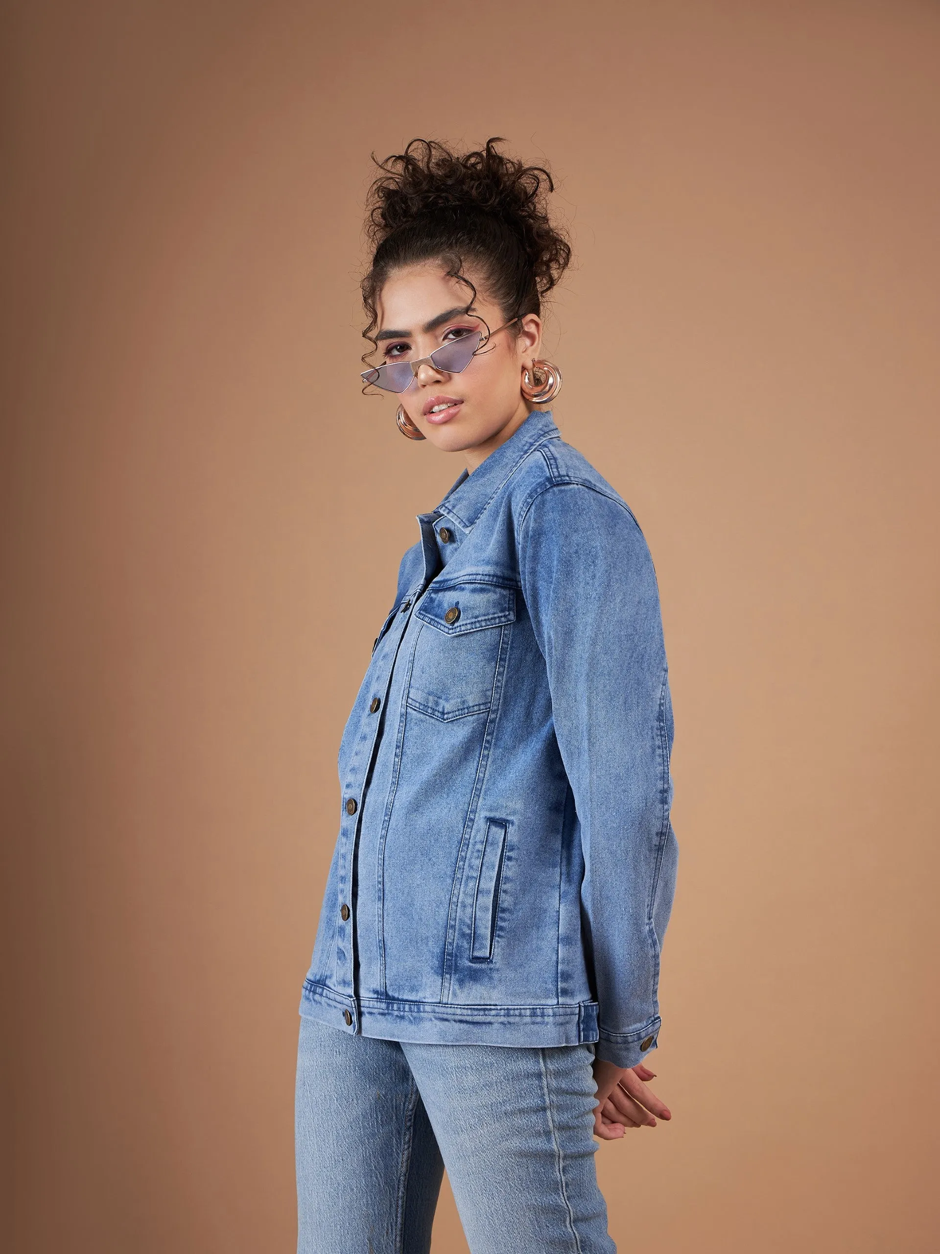 Women Ice Blue Washed Denim Oversized Jacket