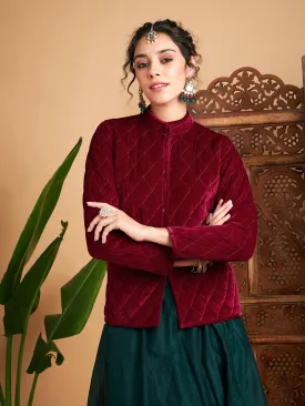 Women Maroon Velvet Quilted Jacket