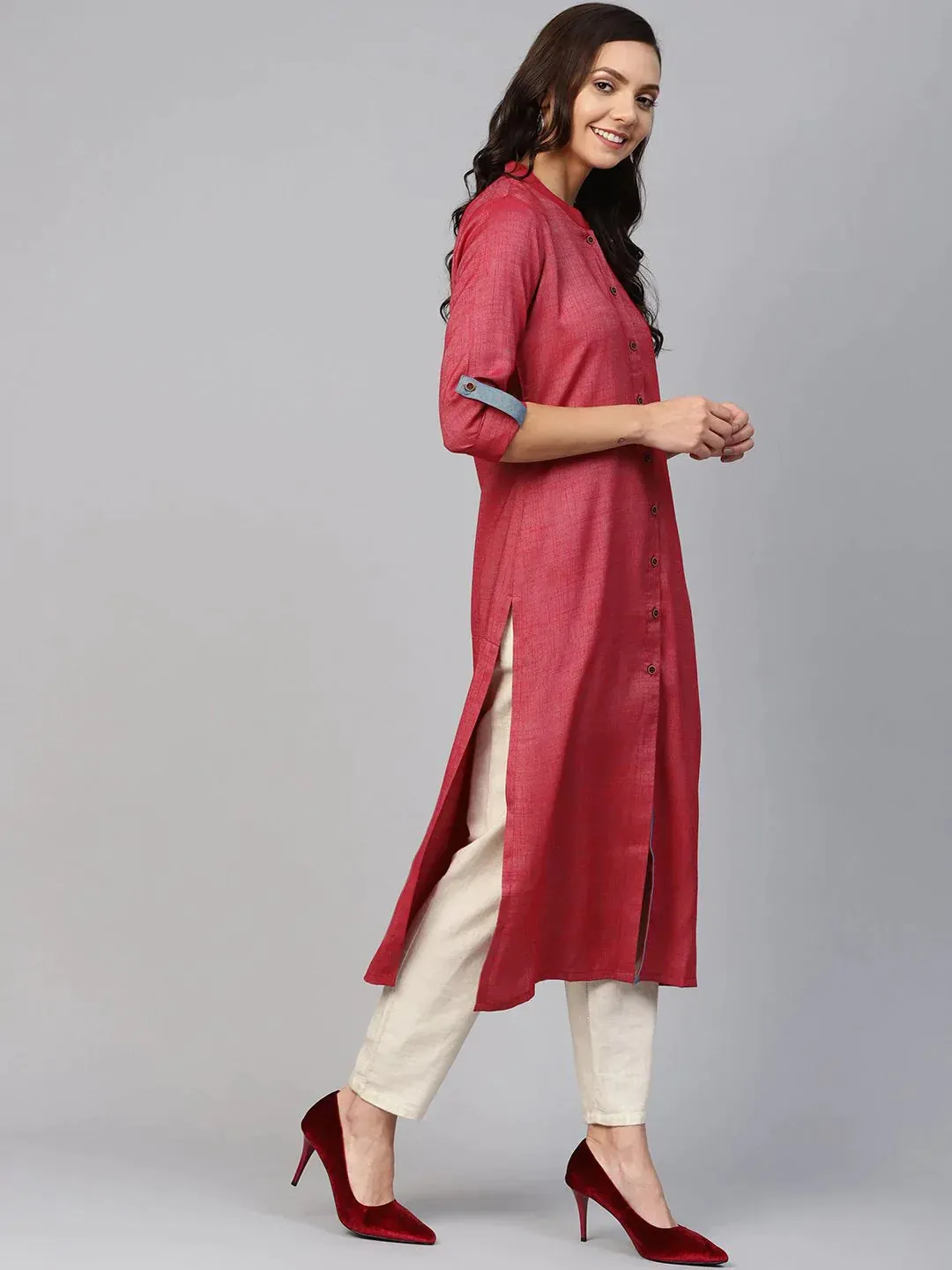 Women Maroon Woven Design Straight Rayon Kurta