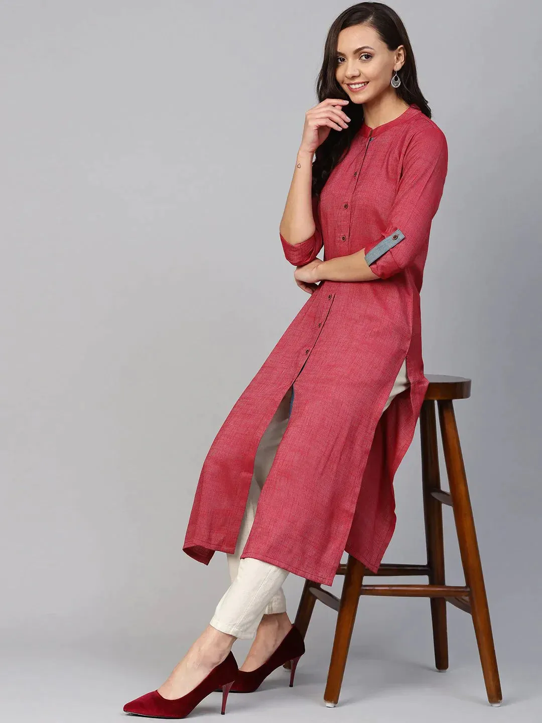 Women Maroon Woven Design Straight Rayon Kurta