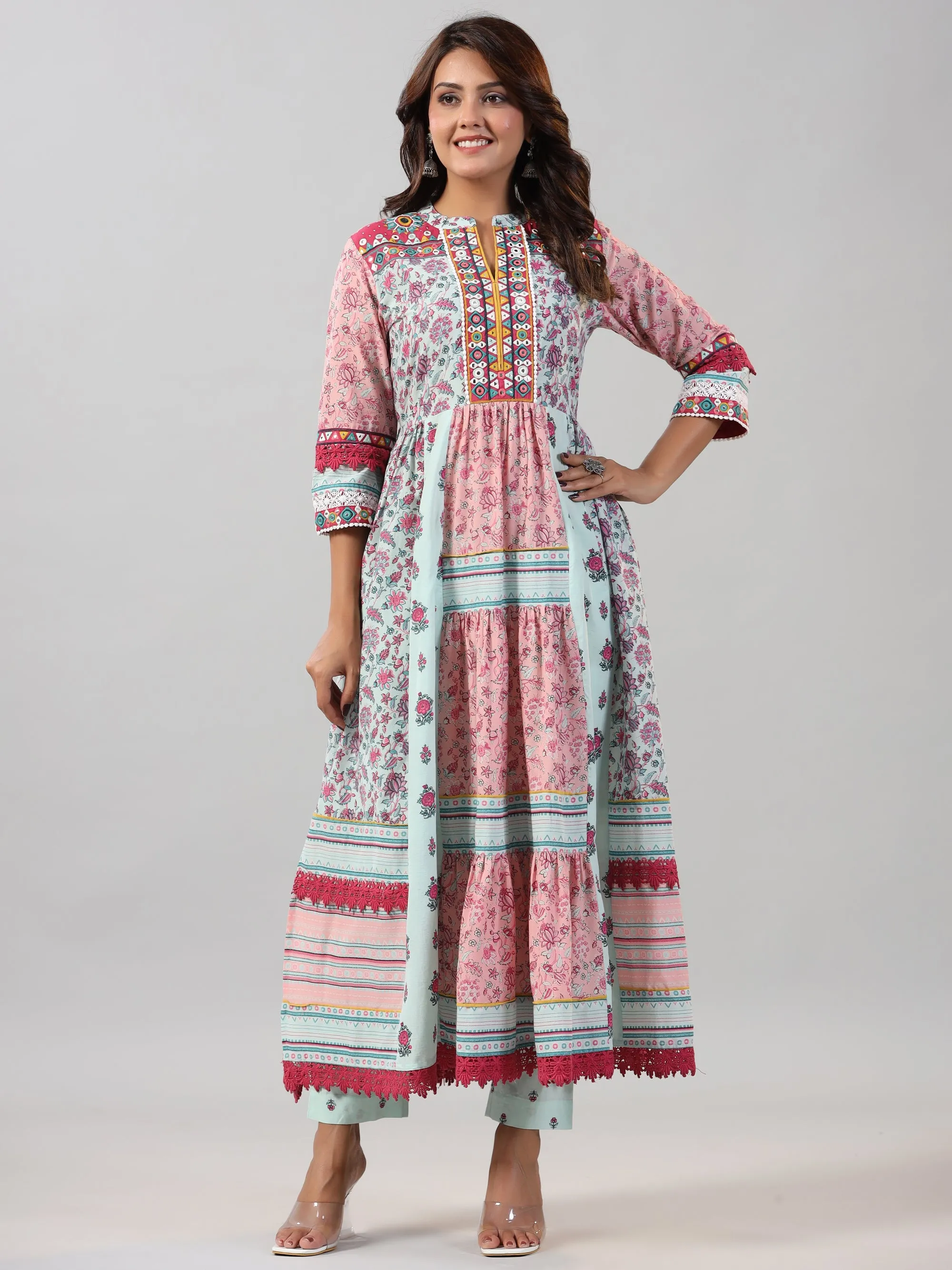 Women Mint Printed Cotton Kurta & Pants Set