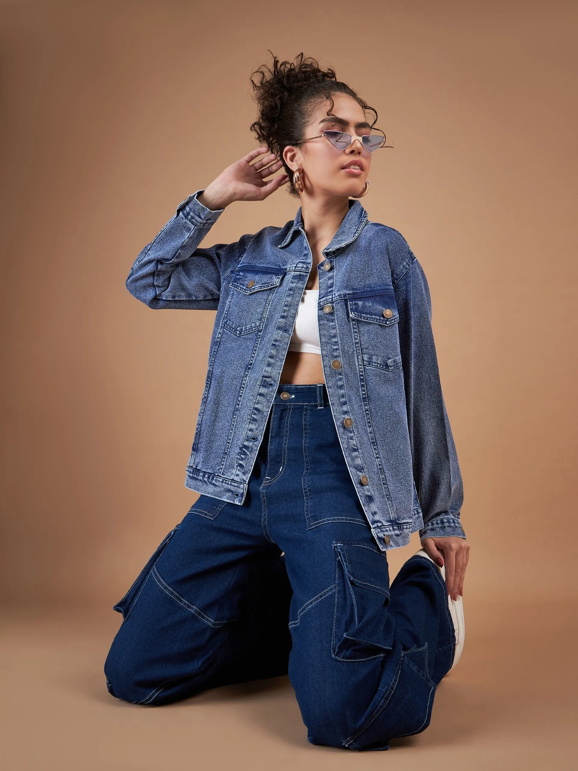 Women Navy Washed Denim Oversized Jacket