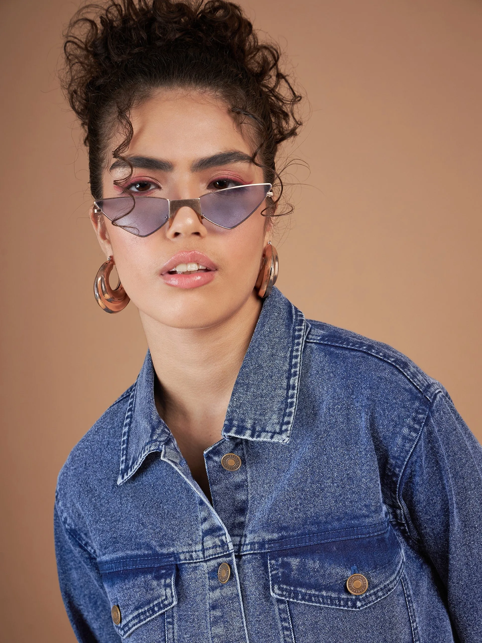 Women Navy Washed Denim Oversized Jacket