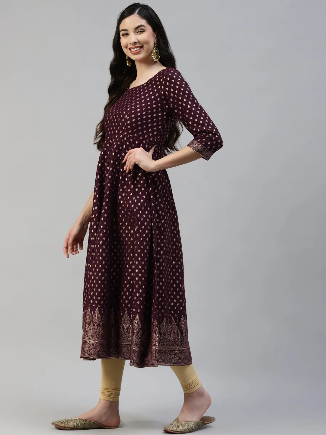 Women Purple Gold Print  Anarkali Kurta With Viscose Leggings & Net Dupatta