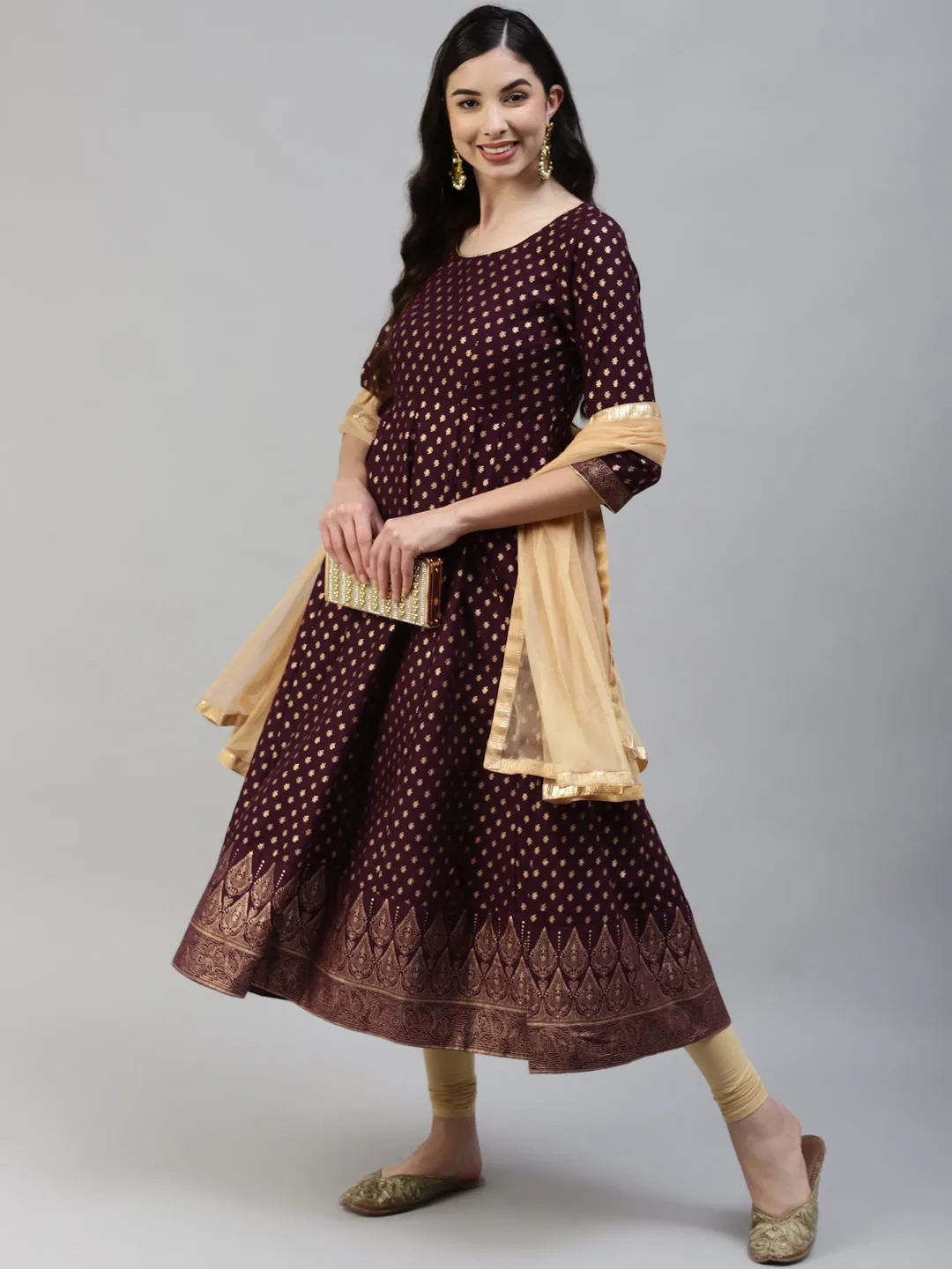 Women Purple Gold Print  Anarkali Kurta With Viscose Leggings & Net Dupatta