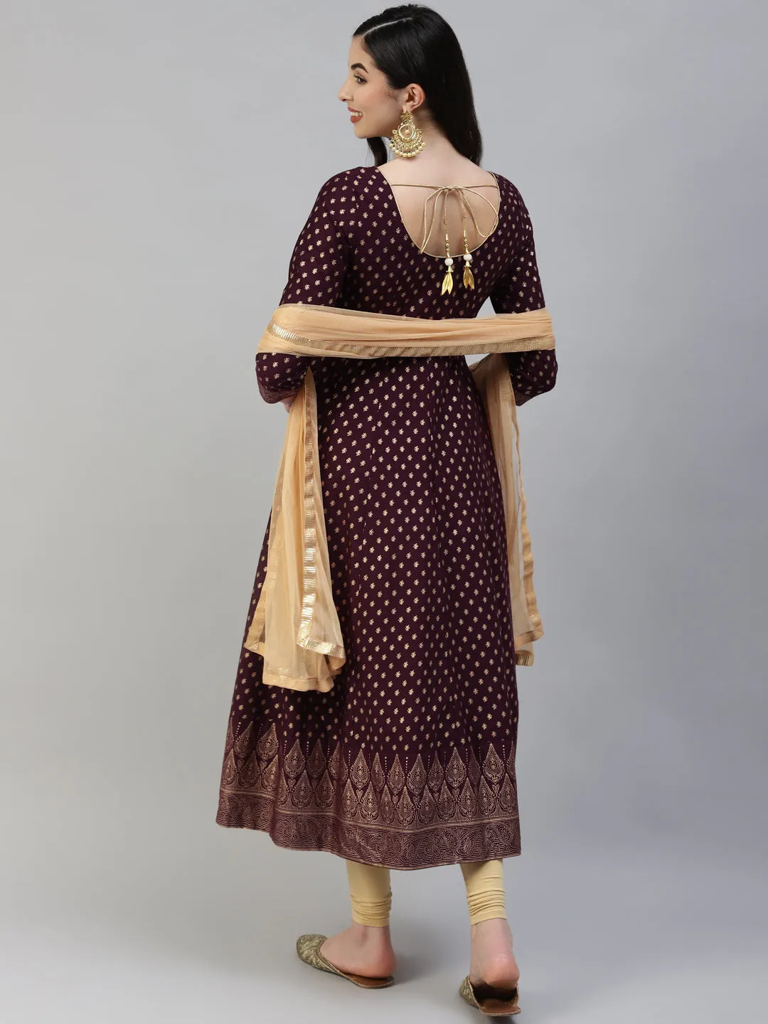 Women Purple Gold Print  Anarkali Kurta With Viscose Leggings & Net Dupatta