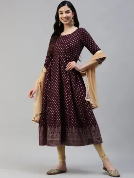 Women Purple Gold Print  Anarkali Kurta With Viscose Leggings & Net Dupatta