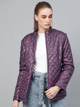 Women Purple Quilted Fur-Hood Parka Jacket