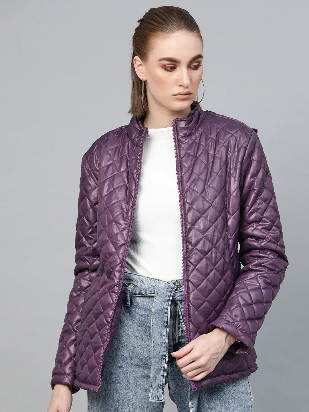 Women Purple Quilted Fur-Hood Parka Jacket