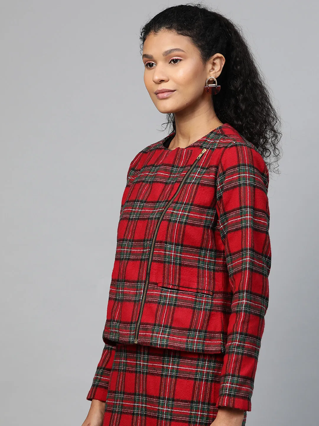 Women Red Check Biker Jacket