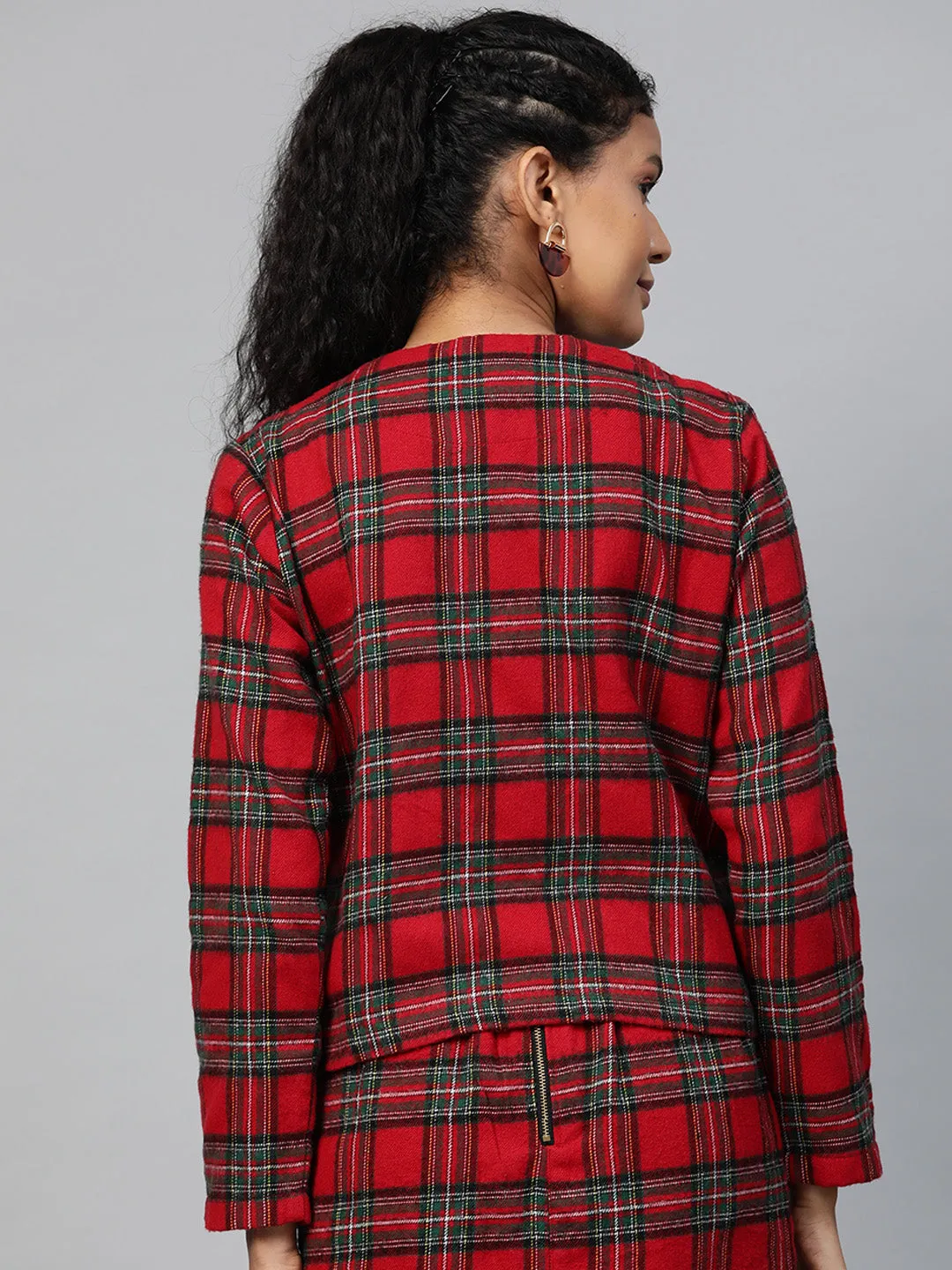 Women Red Check Biker Jacket