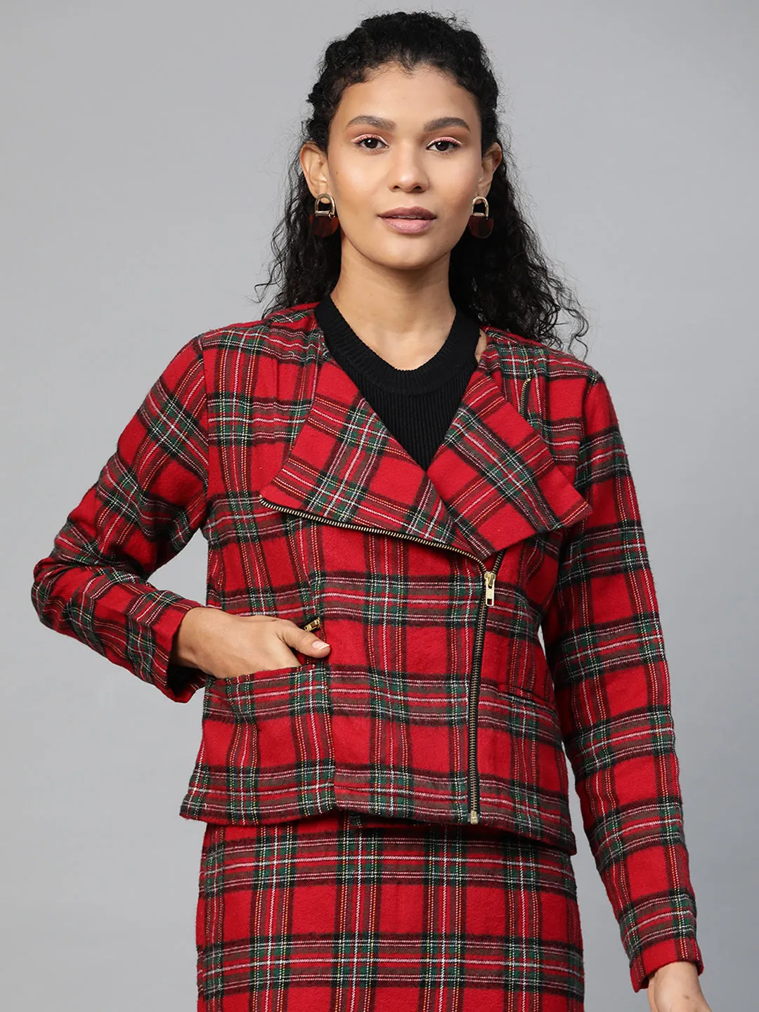 Women Red Check Biker Jacket