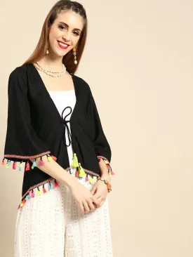 Women Solid Black Shrug With Tassle And Pom Pom Detail