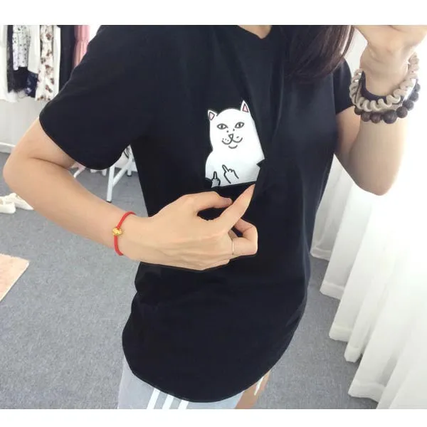 Women T Shirt 2017 Summer Style T-shirt Print Black Pocket Cat Harajuku O-neck Short Sleeve Cotton Couple Tee Plus Size Tees