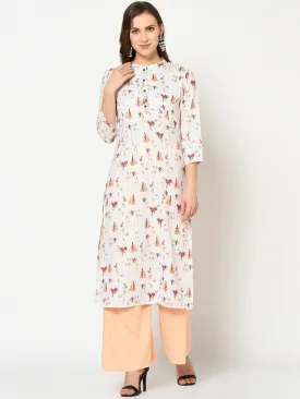 Women White & Orange Printed Kurta