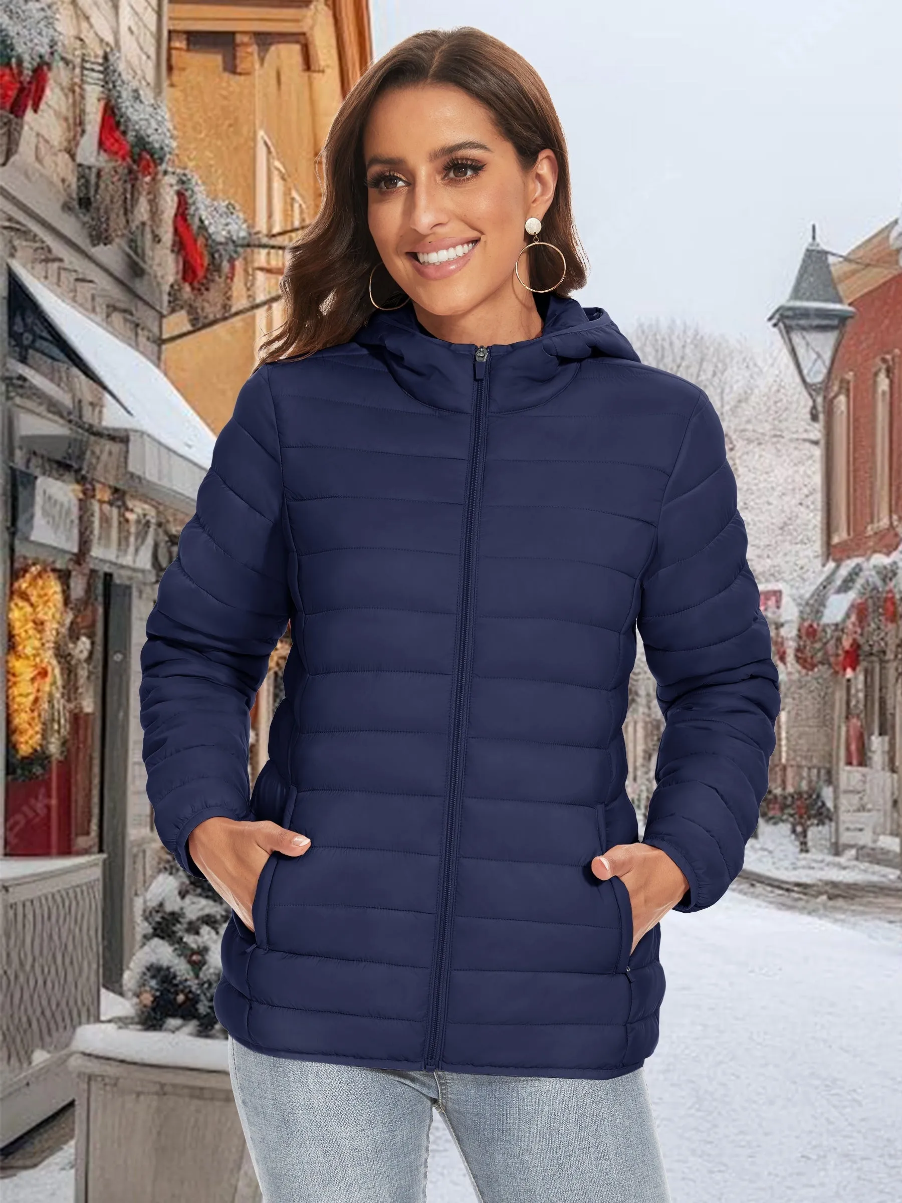 Women's Hooded Puffer Jackets Water Resistant Quilted Padded Coat For Spring & Fall Lightweight Zip-up Camping Outerwear 4 Pockets Casual Solid Jackets Warm Tops Windproof Hiking Hooded Jackets Outdoor Fishing Coats