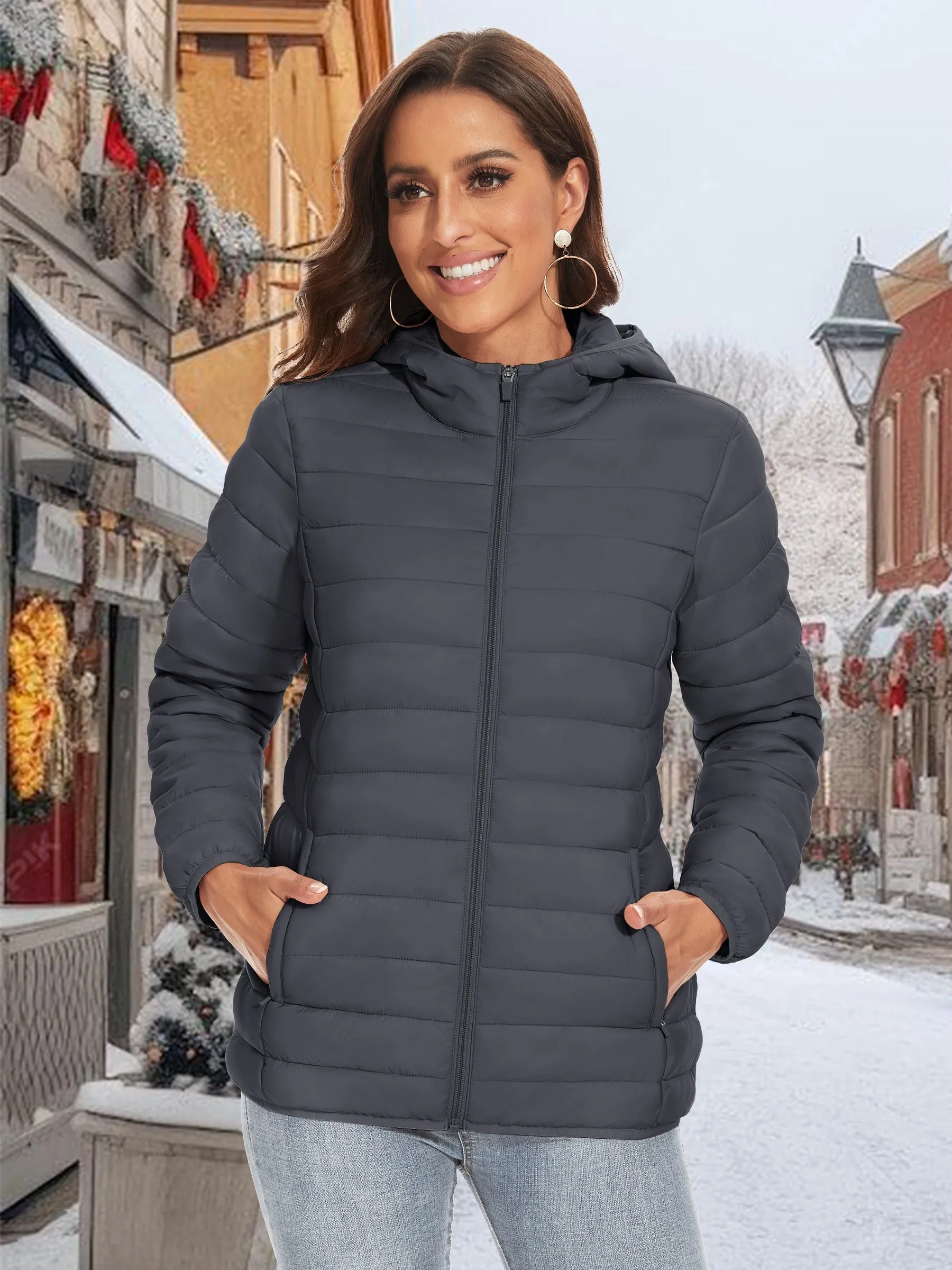 Women's Hooded Puffer Jackets Water Resistant Quilted Padded Coat For Spring & Fall Lightweight Zip-up Camping Outerwear 4 Pockets Casual Solid Jackets Warm Tops Windproof Hiking Hooded Jackets Outdoor Fishing Coats