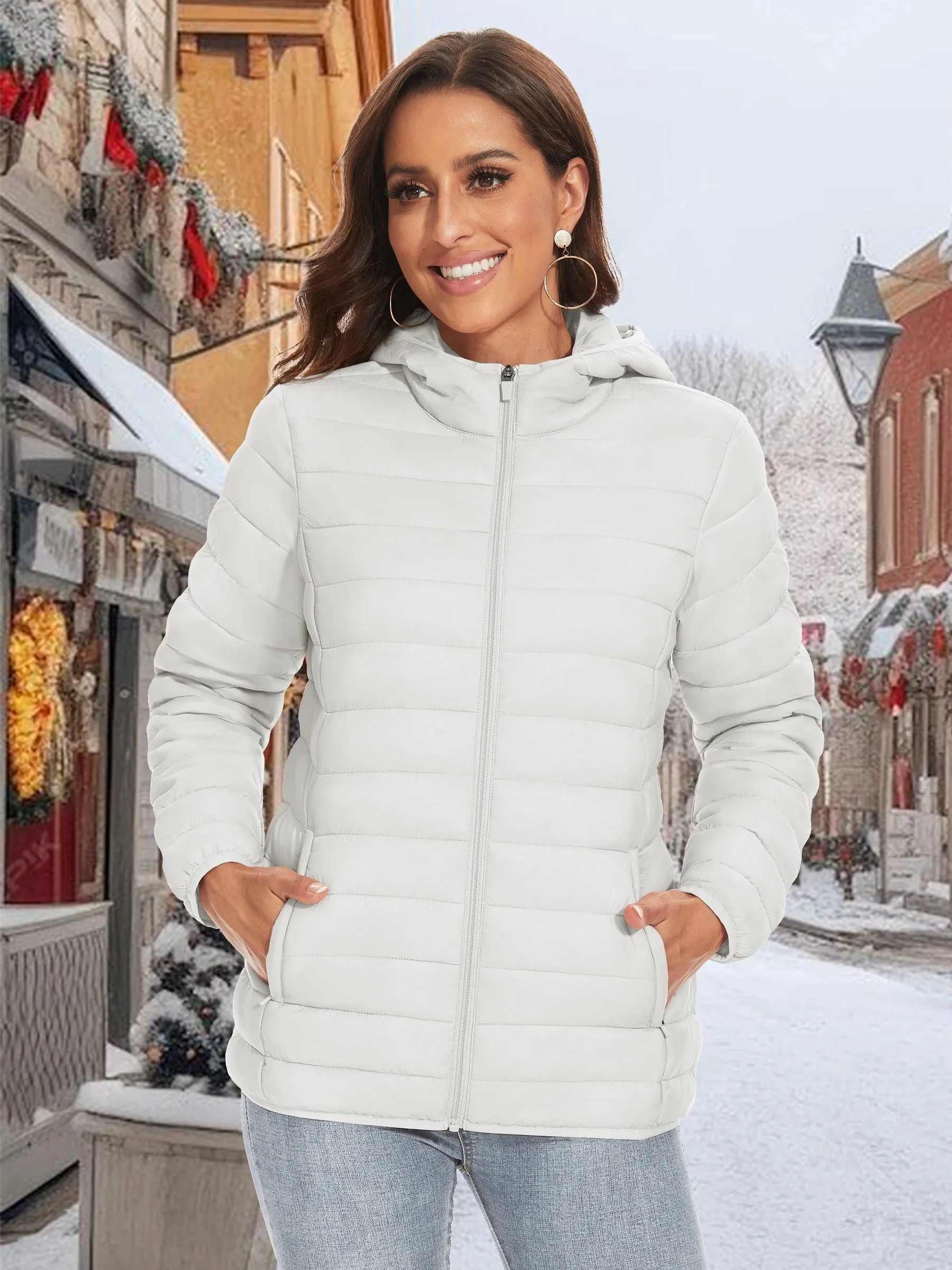 Women's Hooded Puffer Jackets Water Resistant Quilted Padded Coat For Spring & Fall Lightweight Zip-up Camping Outerwear 4 Pockets Casual Solid Jackets Warm Tops Windproof Hiking Hooded Jackets Outdoor Fishing Coats