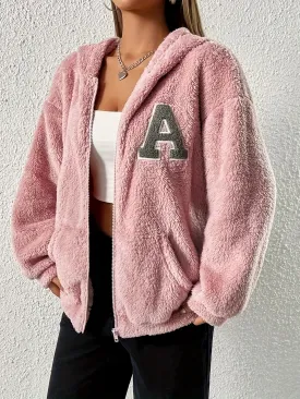 Womens Letter Print Zipup Teddy Hoodie Cozy Outerwear Essential