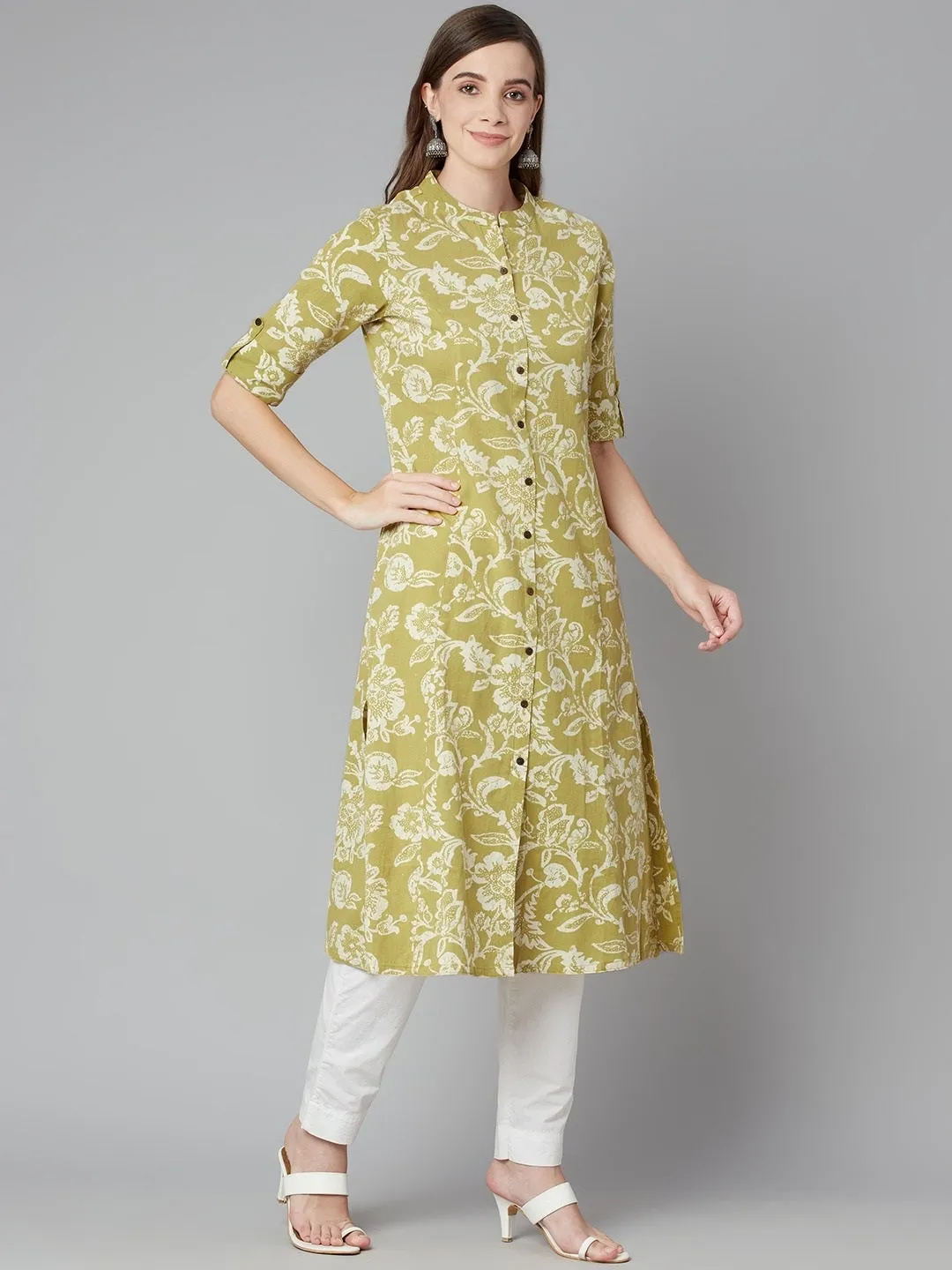 Women'S Pastel Green Cotton Flex A-Line Kurta