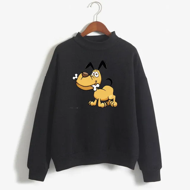 Womens Turtleneck Sweatshirt Kawaii Printed Dog,Deer,Cat Gay Letters Casual Hoodies Loose Tops Fleece Harajuku hip-hop tracksuit