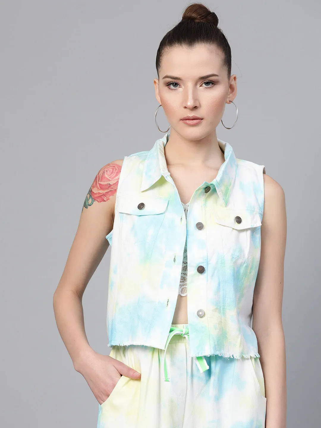 Yellow & Blue Tie-Dye Sleeveless Jacket