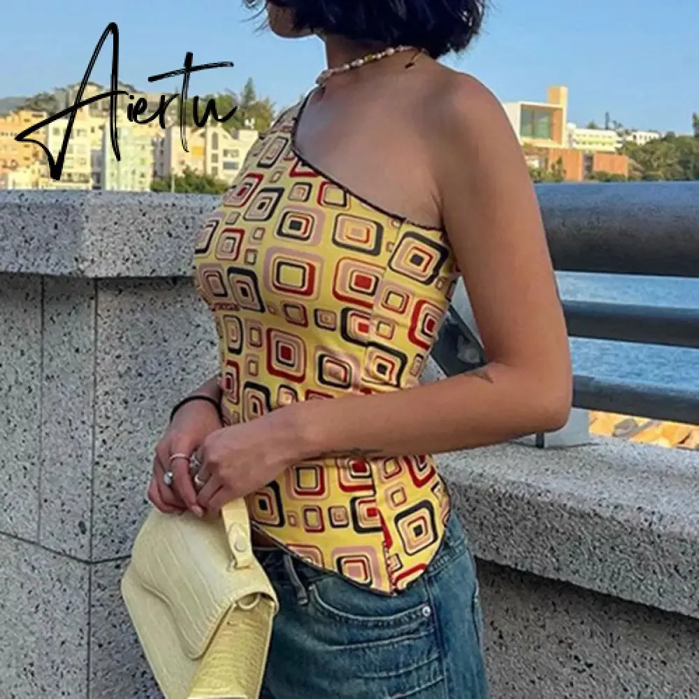 Yellow Geometry Print One Shoulder Tank Top Women Vintage Slim Fit Asymmetric Vest Harajuku Grunge Crop Top Summer Streetwear