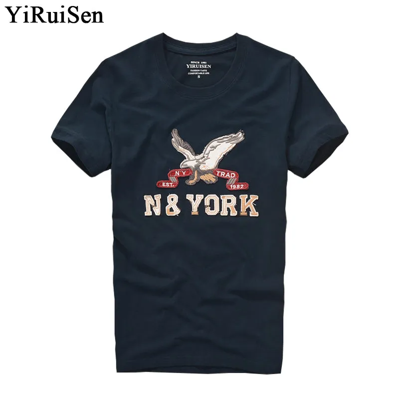 YiRuiSen brand clothing men short sleeve t shirt 100% cotton o-neck fashion letter patch t shirt men summer casual top tees